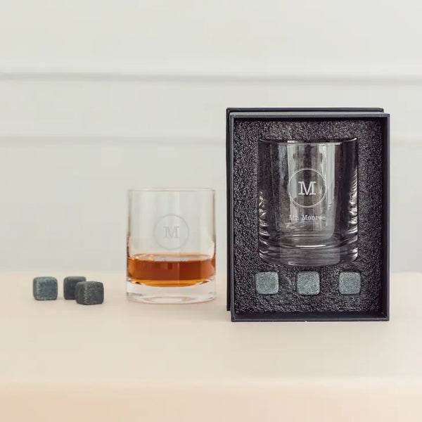 Round 11 Oz. Whiskey Glass Gift Box Set - Circle Monogram