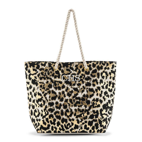 Personalized Extra-Large Cotton Canvas Fabric Beach Tote Bag - Leopard Print