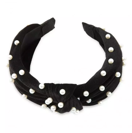 Wide Velvet & Pearl Knot Headband - Black