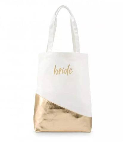 Large Gold and White Cotton Canvas Fabric Tote Bag - Bride Or Bridesmaid