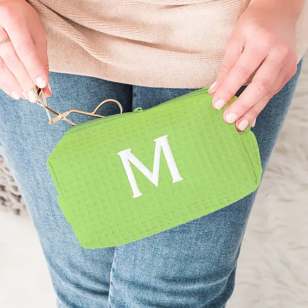 Personalized Small Cotton Waffle Makeup Bag- Lime Green