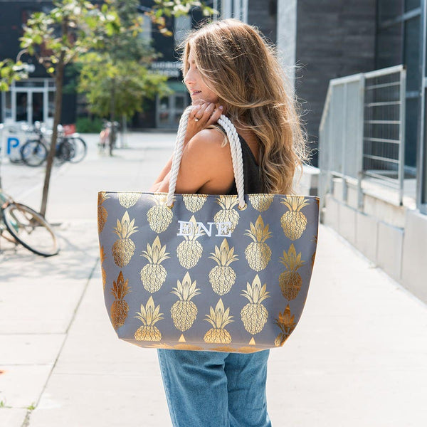 Personalized Extra-Large Cotton Canvas Fabric Beach Tote Bag - Gold Pineapple