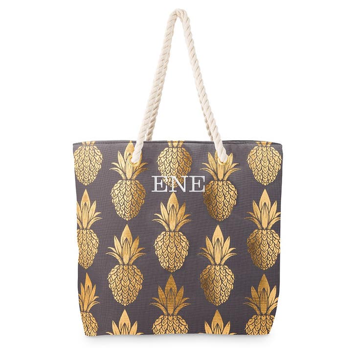 Personalized Extra-Large Cotton Canvas Fabric Beach Tote Bag - Gold Pineapple