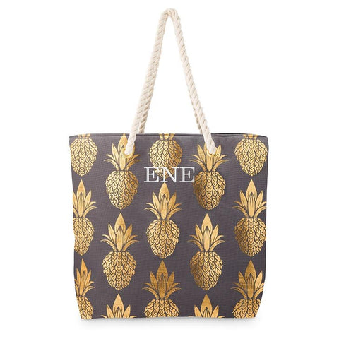 Personalized Extra-Large Cotton Canvas Fabric Beach Tote Bag - Gold Pineapple