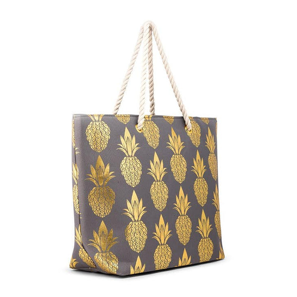 Personalized Extra-Large Cotton Canvas Fabric Beach Tote Bag - Gold Pineapple