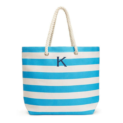 Personalized Extra-Large Cabana Stripe Canvas Fabric Tote Bag - Sky Blue