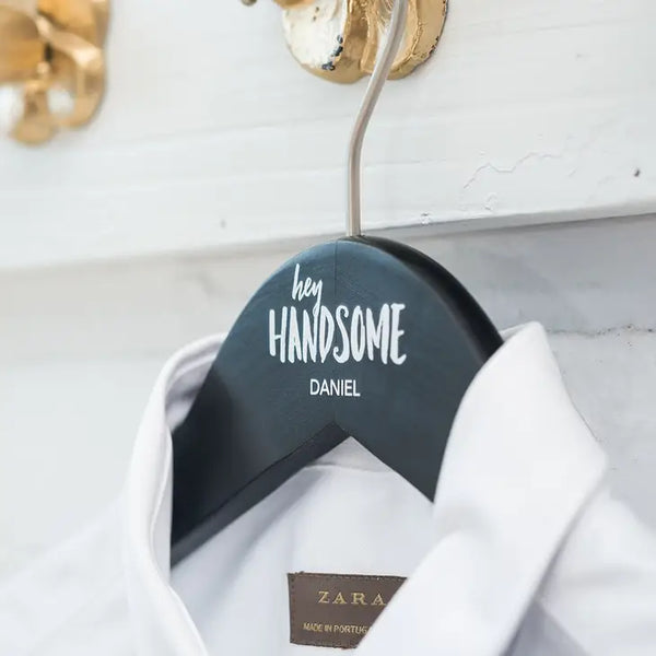 Personalized Wooden Wedding Party Clothes Hanger - Hey Handsome