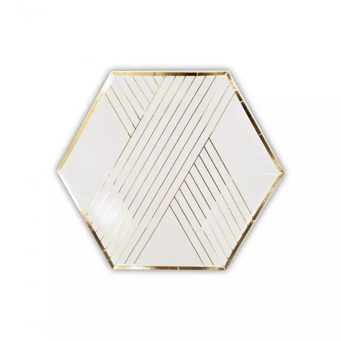 Disposable Wedding Party Paper Plates - Small White With Gold Hexagon