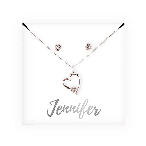 Personalized Bridal Party Heart & Crystal Jewelry Gift Set - Cursive Font