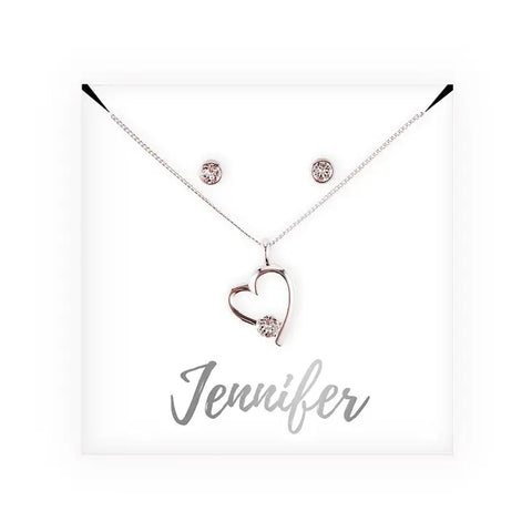 Personalized Bridal Party Heart & Crystal Jewelry Gift Set - Cursive Font