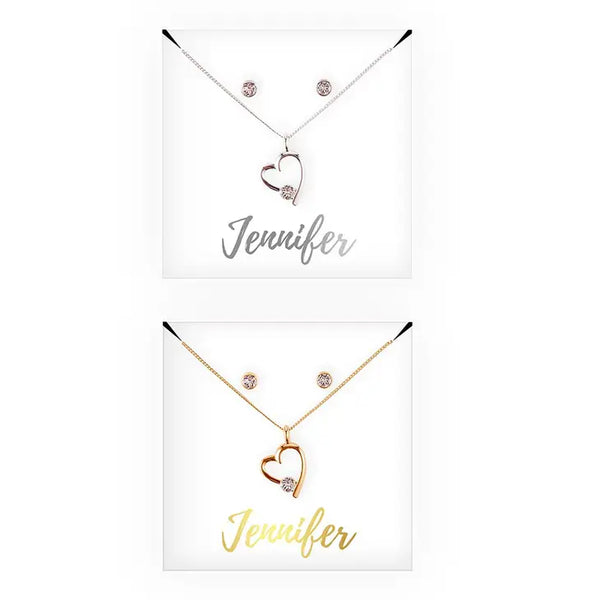 Personalized Bridal Party Heart & Crystal Jewelry Gift Set - Cursive Font