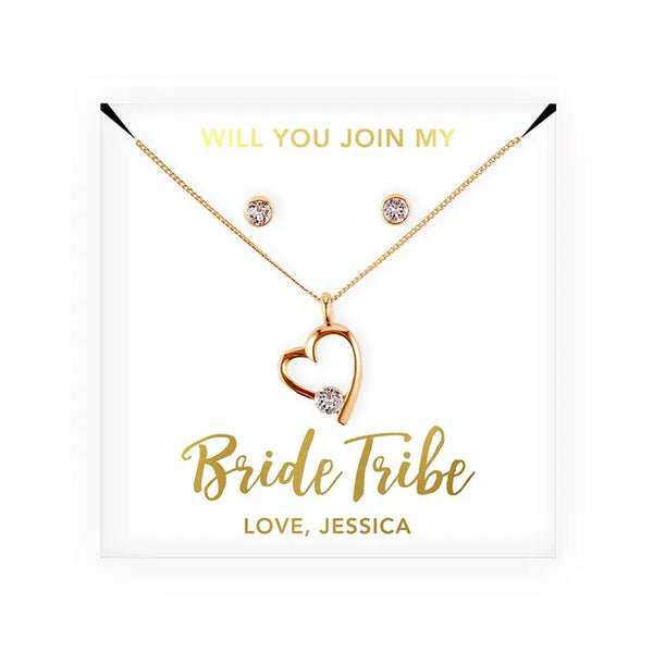 Personalized Bridal Party Heart & Crystal Jewelry Gift Set - Bride Tribe