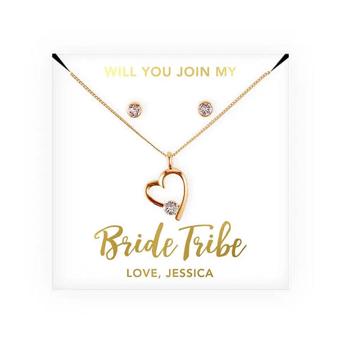 Personalized Bridal Party Heart & Crystal Jewelry Gift Set - Bride Tribe