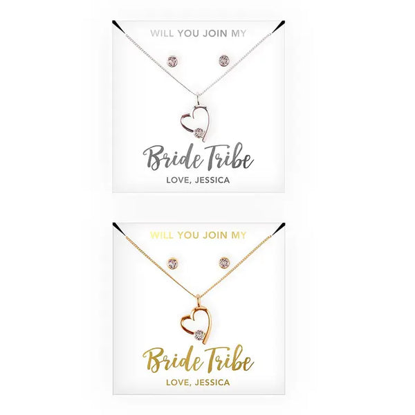 Personalized Bridal Party Heart & Crystal Jewelry Gift Set - Bride Tribe