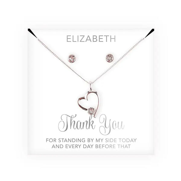 Personalized Bridal Party Heart & Crystal Jewelry Gift Set - Thank You Cursive Font