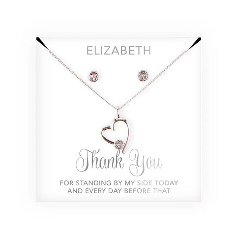 Personalized Bridal Party Heart & Crystal Jewelry Gift Set - Thank You Cursive Font