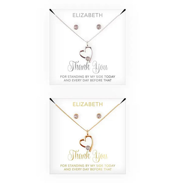 Personalized Bridal Party Heart & Crystal Jewelry Gift Set - Thank You Cursive Font