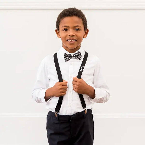 Boy's Custom Monogrammed Tuxedo Suspender And Bowtie Attire - Black White Plaid