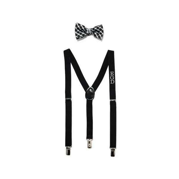 Boy's Custom Monogrammed Tuxedo Suspender And Bowtie Attire - Black White Plaid